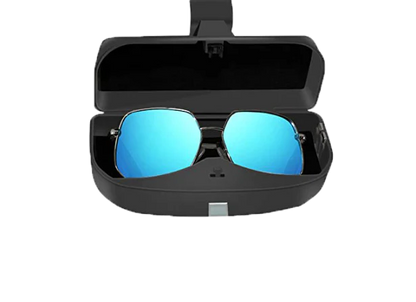 Magnetic car sunglasses case with clip-on design, card slot, and protective sponge lining for safe storage of sunglasses