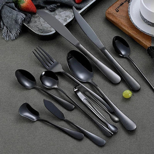 Premium black tableware set made of durable stainless steel with elegant design for formal and casual dining