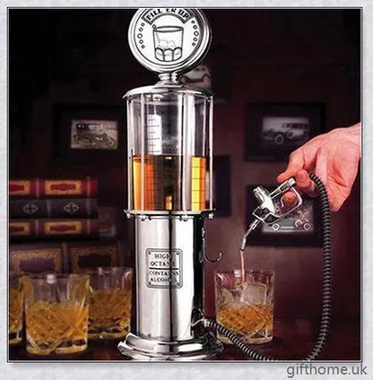 A red vintage-inspired gas pump drink dispenser with a tight-fitting stopper and a stable round base.