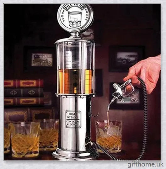 A red vintage-inspired gas pump drink dispenser with a tight-fitting stopper and a stable round base.