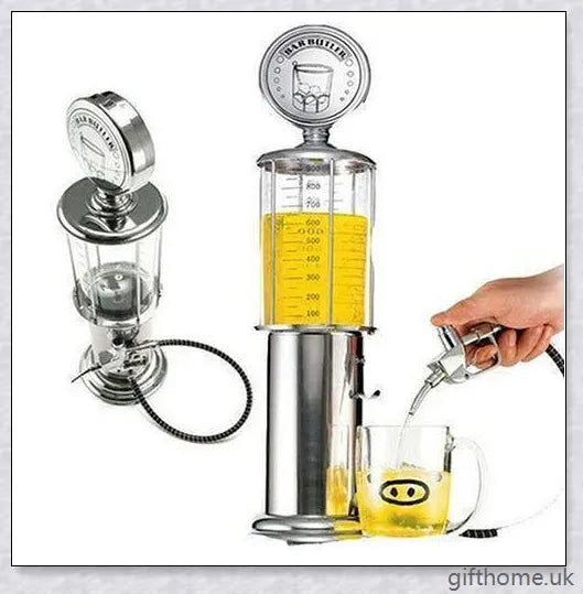 A red vintage-inspired gas pump drink dispenser with a tight-fitting stopper and a stable round base.