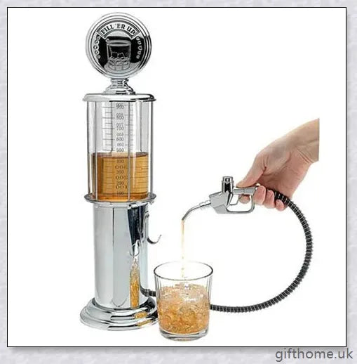 A red vintage-inspired gas pump drink dispenser with a tight-fitting stopper and a stable round base.