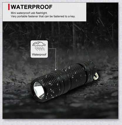 A compact, powerful LED flashlight with an aluminium alloy body, IPX8 waterproof rating, and long-lasting battery life.