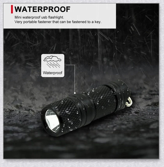 A compact, powerful LED flashlight with an aluminium alloy body, IPX8 waterproof rating, and long-lasting battery life.