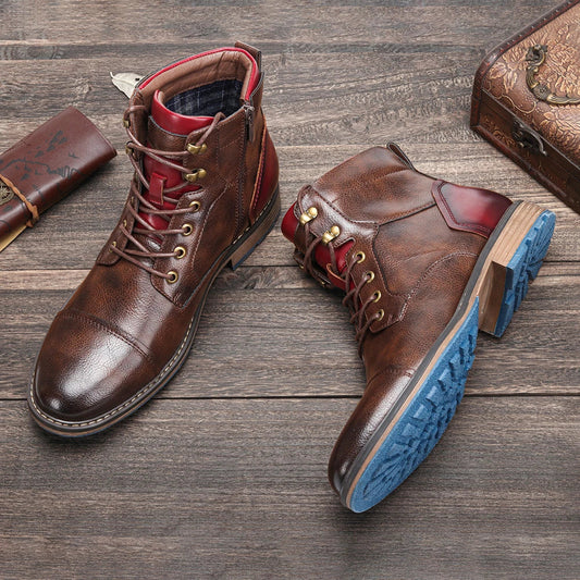 Large size men's leather boots with round toe and low wedge heel, featuring durable artificial PU upper and rubber sole for superior comfort and stability.