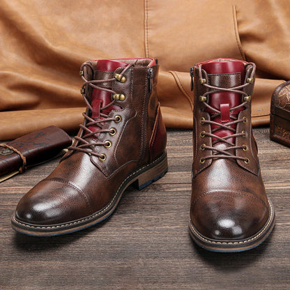 Large size men's leather boots with round toe and low wedge heel, featuring durable artificial PU upper and rubber sole for superior comfort and stability.