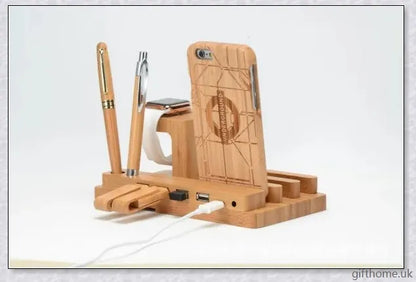 Bamboo mobile and watch holder for smartphones, tablets, and smartwatches - a sophisticated British-made tech accessory.