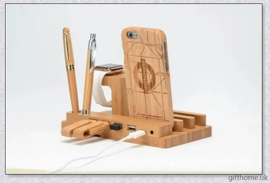 Bamboo mobile and watch holder for smartphones, tablets, and smartwatches - a sophisticated British-made tech accessory.