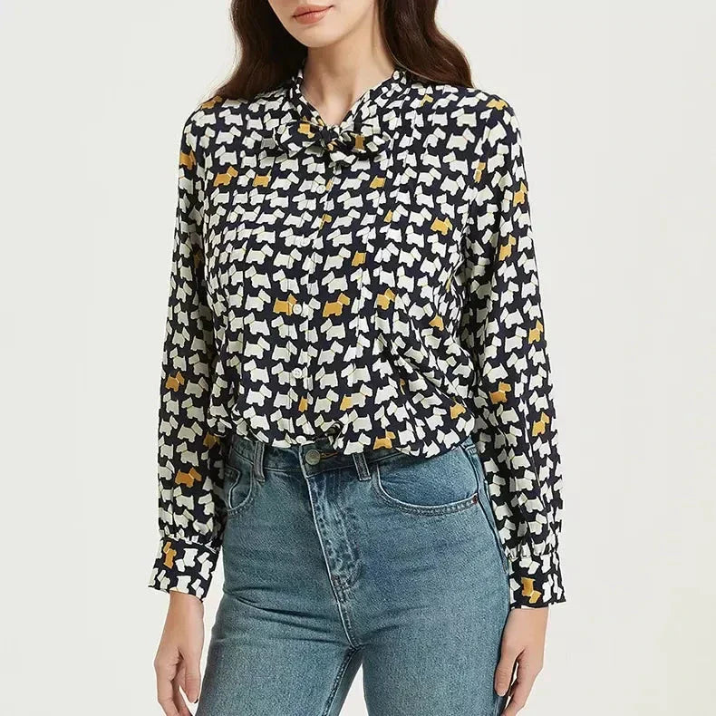 Elegant Mulberry Silk Crepe De Chine Blouse with chic cartoon print and bow collar detail