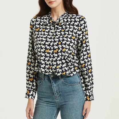 Elegant Mulberry Silk Crepe De Chine Blouse with chic cartoon print and bow collar detail