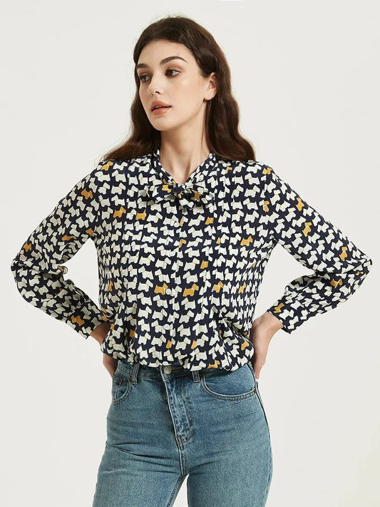 Elegant Mulberry Silk Crepe De Chine Blouse with chic cartoon print and bow collar detail