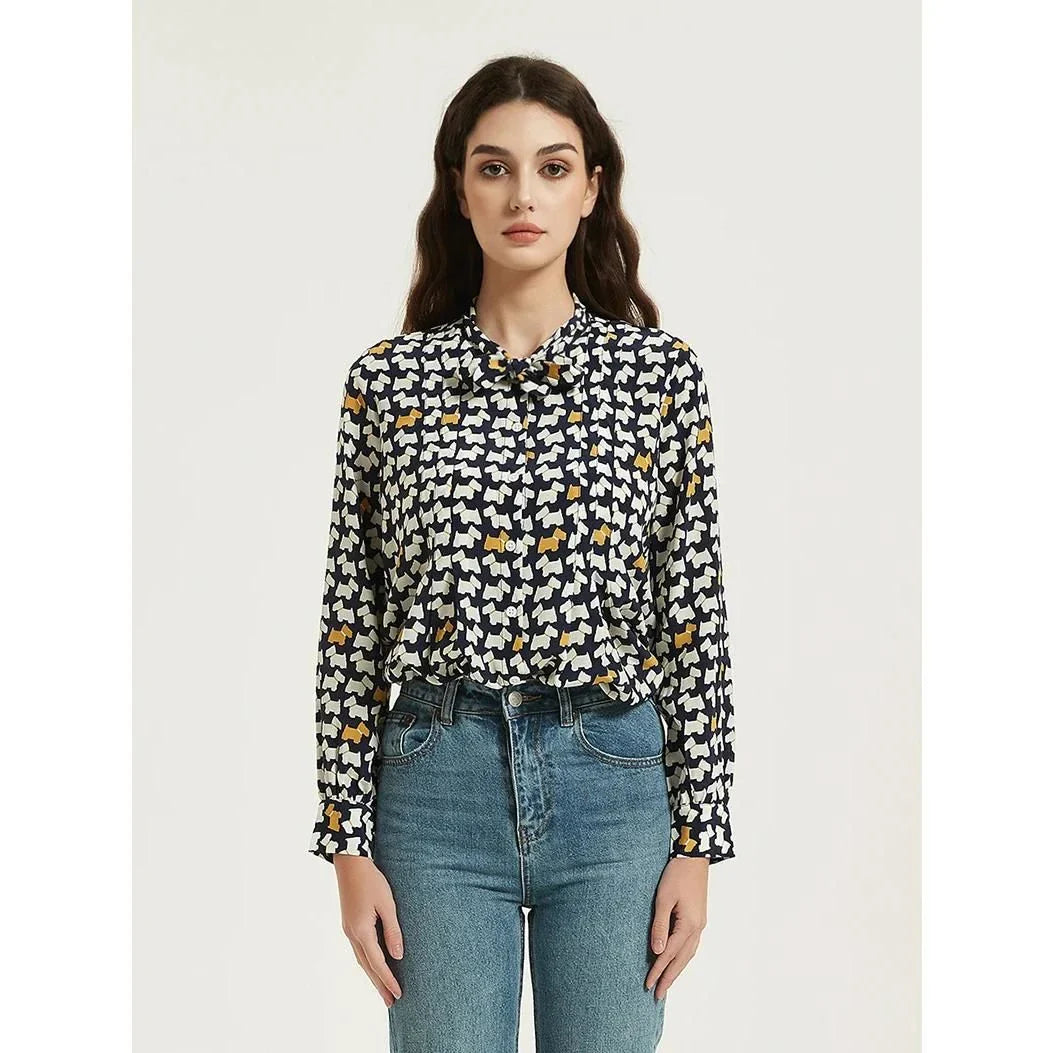 Elegant Mulberry Silk Crepe De Chine Blouse with chic cartoon print and bow collar detail