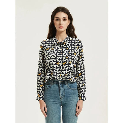Elegant Mulberry Silk Crepe De Chine Blouse with chic cartoon print and bow collar detail