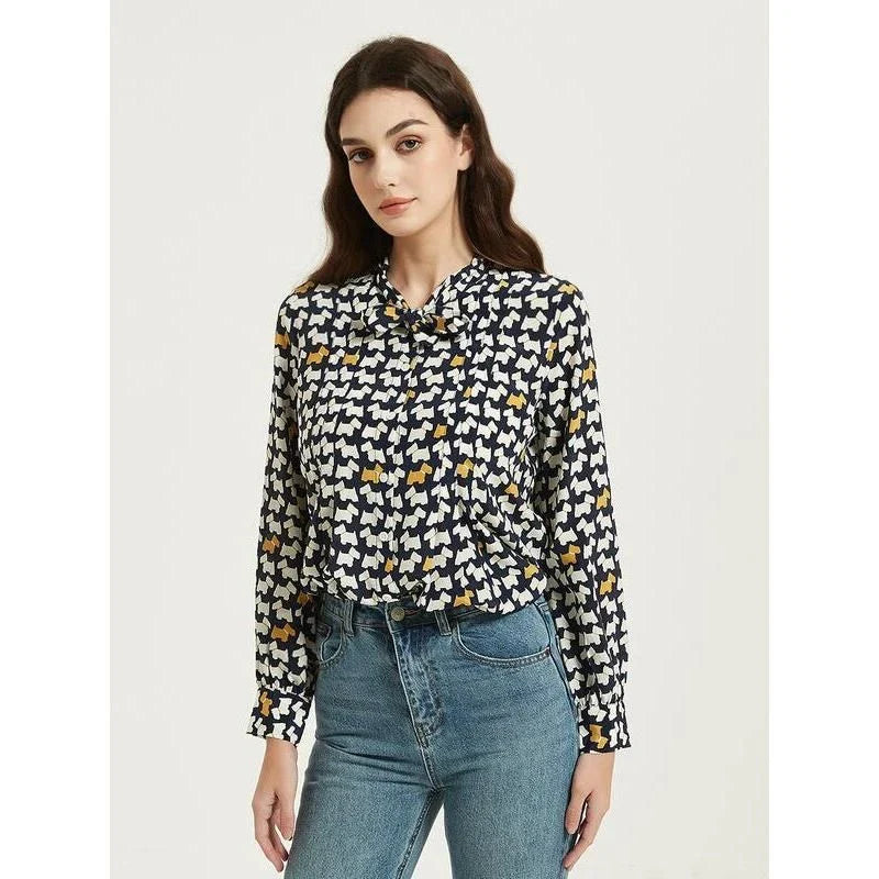 Elegant Mulberry Silk Crepe De Chine Blouse with chic cartoon print and bow collar detail
