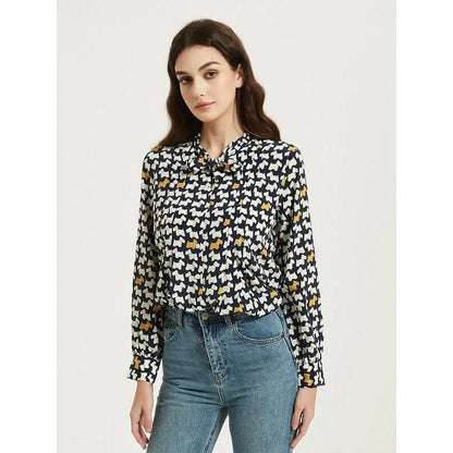 Elegant Mulberry Silk Crepe De Chine Blouse with chic cartoon print and bow collar detail