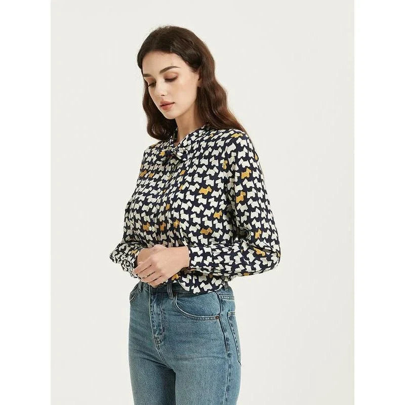 Elegant Mulberry Silk Crepe De Chine Blouse with chic cartoon print and bow collar detail