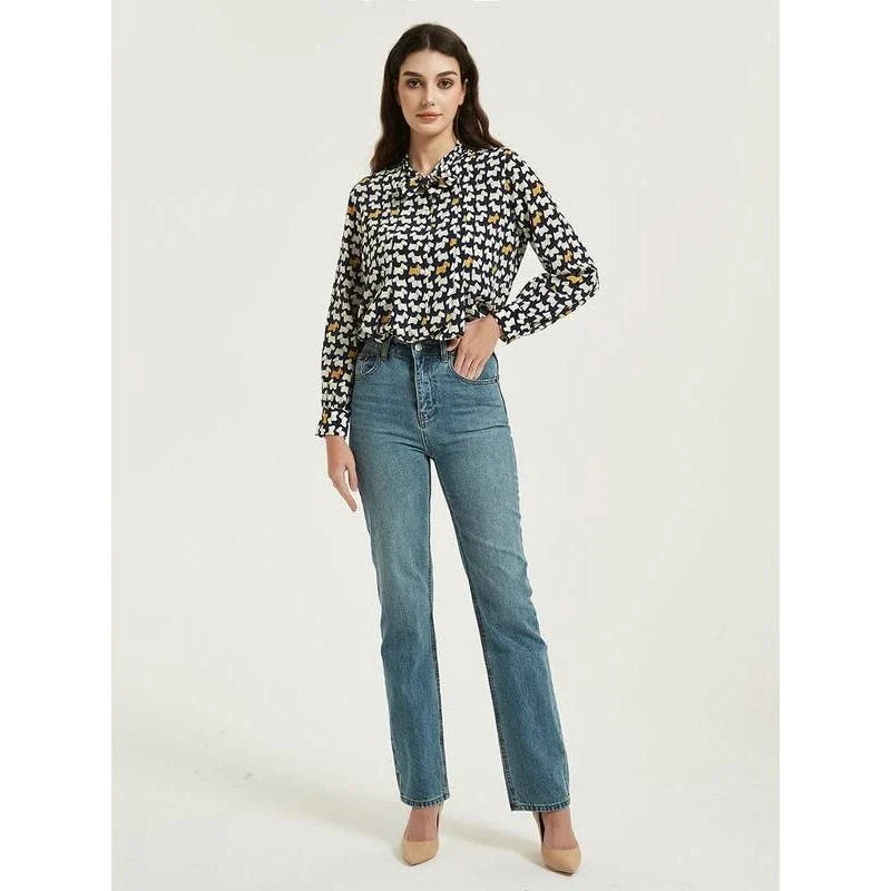 Elegant Mulberry Silk Crepe De Chine Blouse with chic cartoon print and bow collar detail