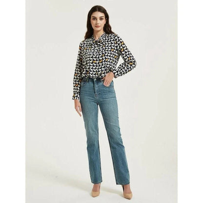 Elegant Mulberry Silk Crepe De Chine Blouse with chic cartoon print and bow collar detail