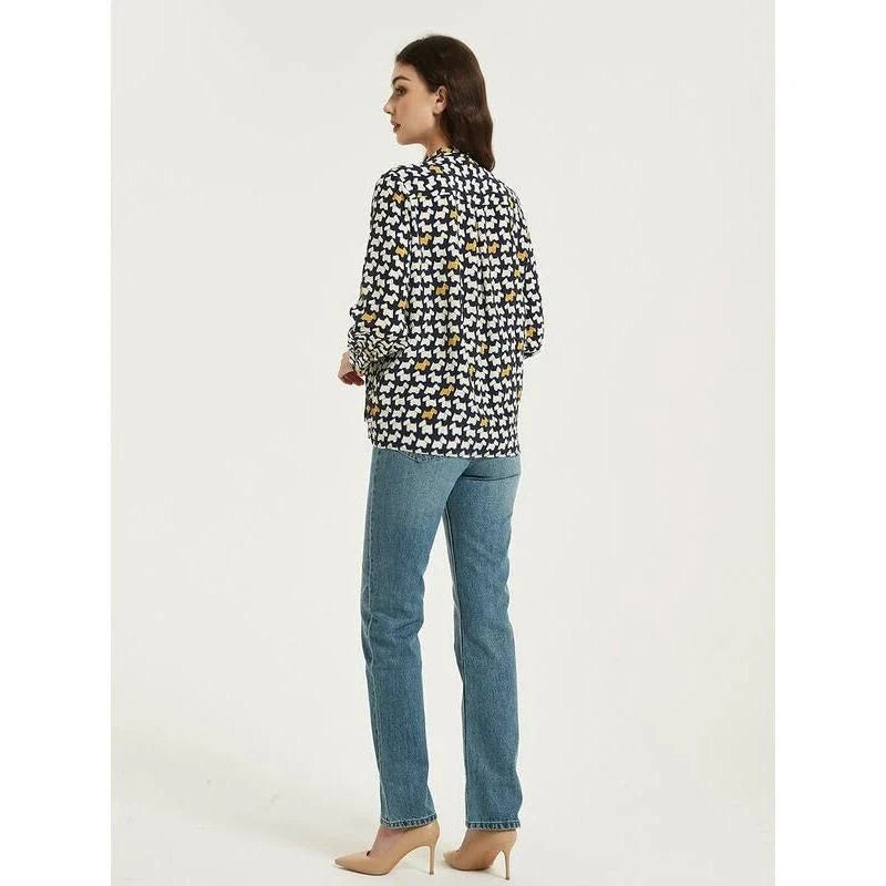 Elegant Mulberry Silk Crepe De Chine Blouse with chic cartoon print and bow collar detail