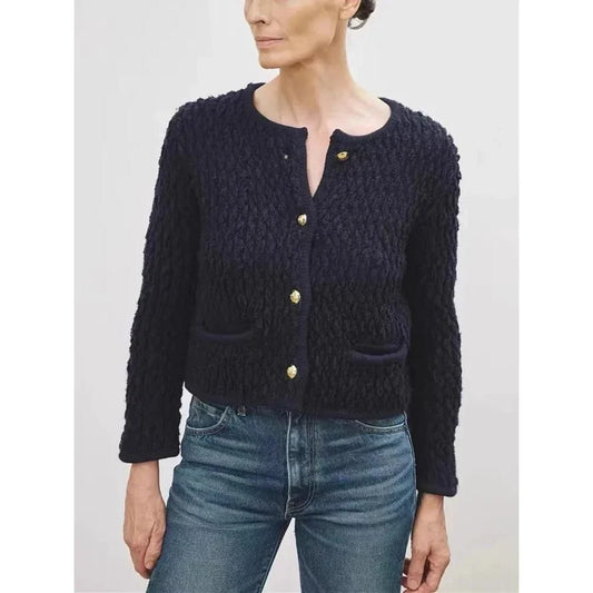 Elegant O-Neck Knitted Cardigan for Women in beige and navy blue colours, featuring a classic single-breasted silhouette and convenient front pockets