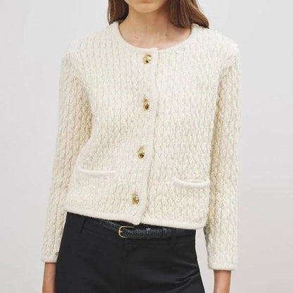 Elegant O-Neck Knitted Cardigan for Women in beige and navy blue colours, featuring a classic single-breasted silhouette and convenient front pockets