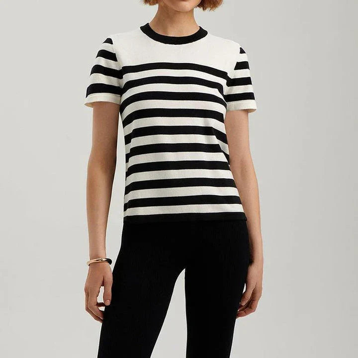 Elegant black and white striped knit t-shirt with a slim, flattering fit, perfect for summer in the UK
