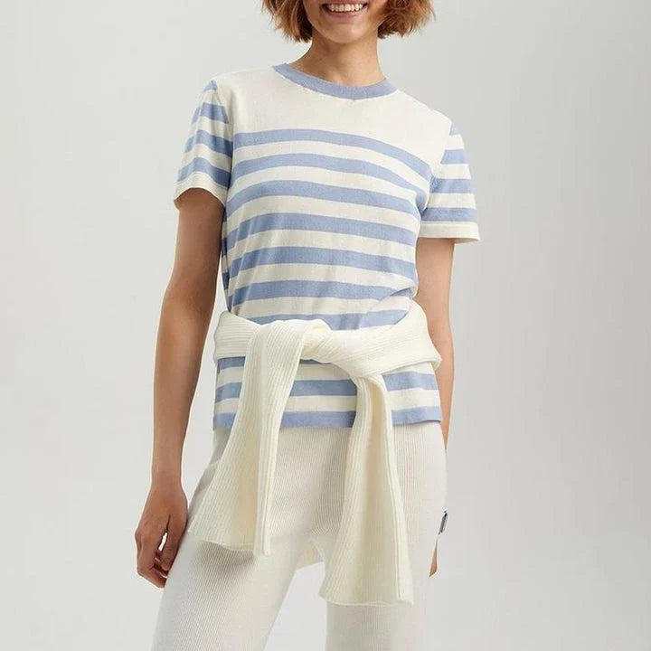 Elegant black and white striped knit t-shirt with a slim, flattering fit, perfect for summer in the UK