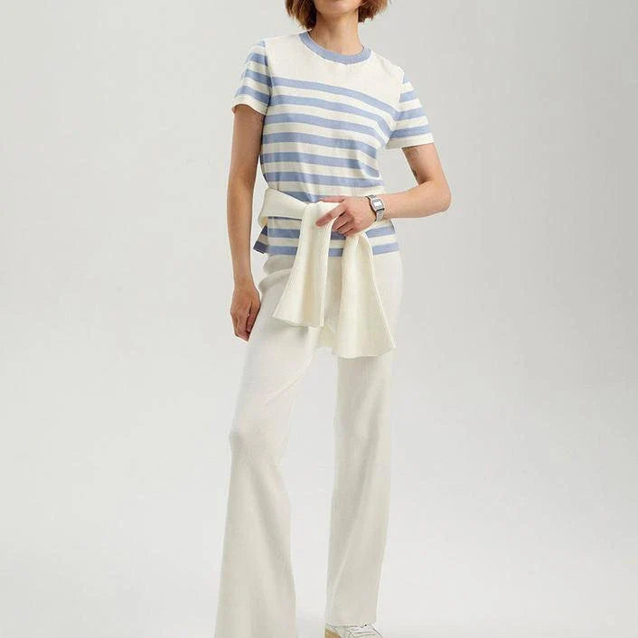 Elegant black and white striped knit t-shirt with a slim, flattering fit, perfect for summer in the UK