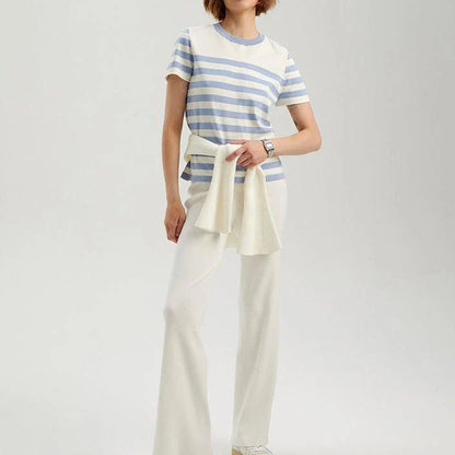 Elegant black and white striped knit t-shirt with a slim, flattering fit, perfect for summer in the UK