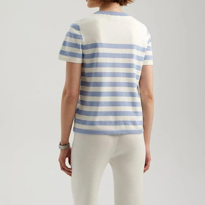 Elegant black and white striped knit t-shirt with a slim, flattering fit, perfect for summer in the UK