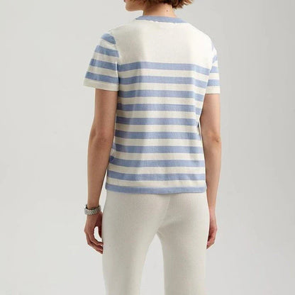 Elegant black and white striped knit t-shirt with a slim, flattering fit, perfect for summer in the UK