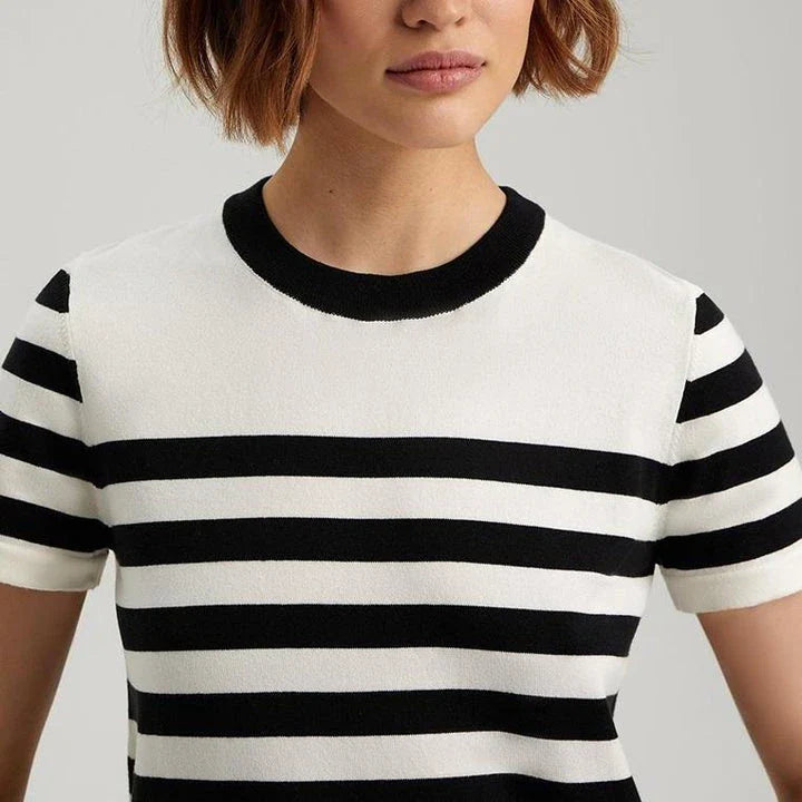 Elegant black and white striped knit t-shirt with a slim, flattering fit, perfect for summer in the UK