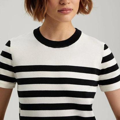Elegant black and white striped knit t-shirt with a slim, flattering fit, perfect for summer in the UK