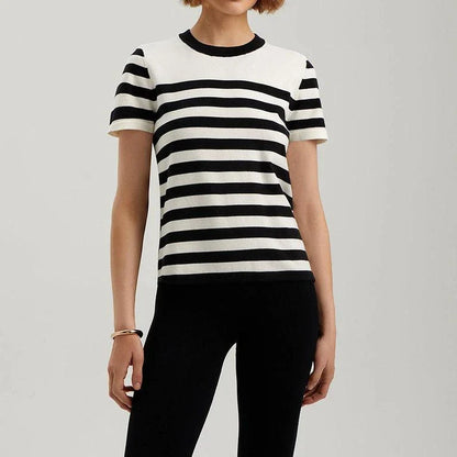 Elegant black and white striped knit t-shirt with a slim, flattering fit, perfect for summer in the UK