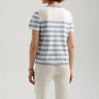 Elegant black and white striped knit t-shirt with a slim, flattering fit, perfect for summer in the UK