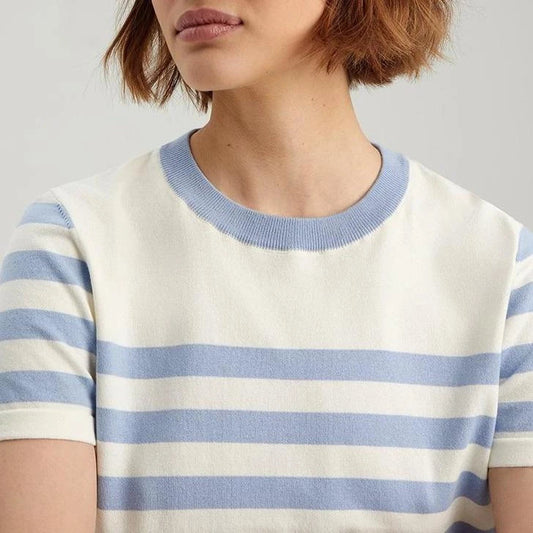 Elegant black and white striped knit t-shirt with a slim, flattering fit, perfect for summer in the UK