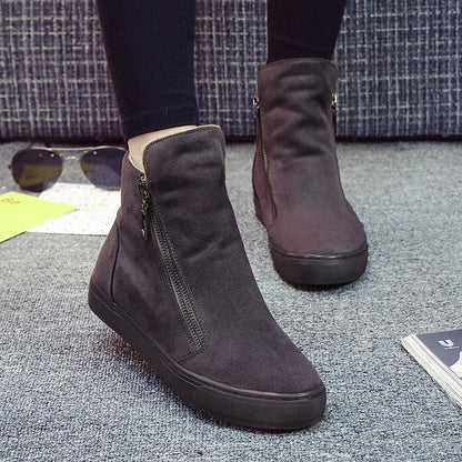 Plus velvet warm short tube cotton boots in various colours with a side zip closure and a durable rubber outsole