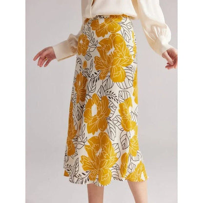 Floral A-Line Silk Skirt in Vibrant Yellow with Delicate Floral Pattern