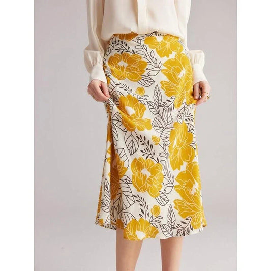 Floral A-Line Silk Skirt in Vibrant Yellow with Delicate Floral Pattern