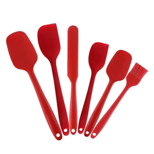 A set of 6 premium quality pink silicone baking tools, including spatulas, whisks, and other essential baking accessories