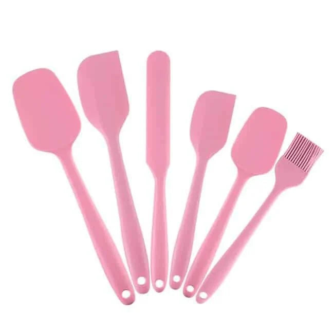 A set of 6 premium quality pink silicone baking tools, including spatulas, whisks, and other essential baking accessories