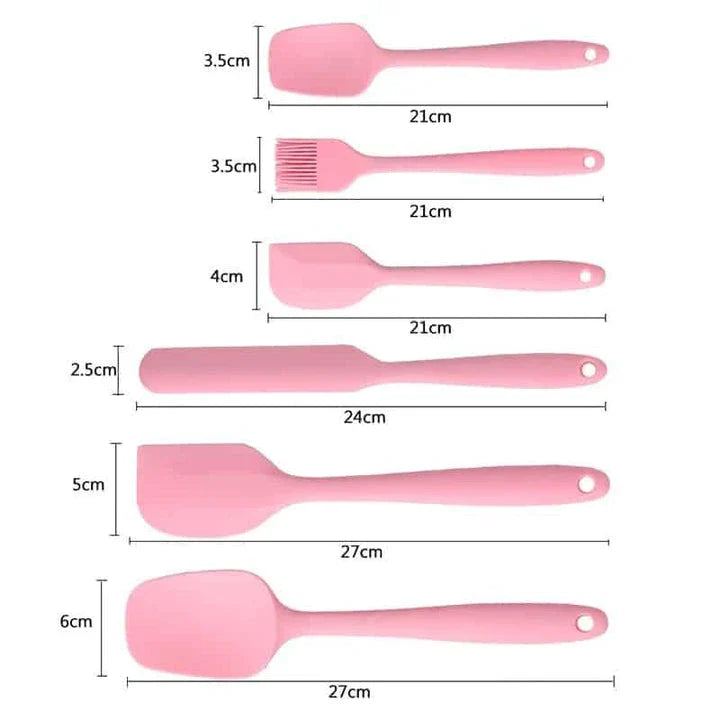 A set of 6 premium quality pink silicone baking tools, including spatulas, whisks, and other essential baking accessories