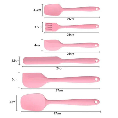 A set of 6 premium quality pink silicone baking tools, including spatulas, whisks, and other essential baking accessories