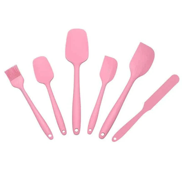 A set of 6 premium quality pink silicone baking tools, including spatulas, whisks, and other essential baking accessories