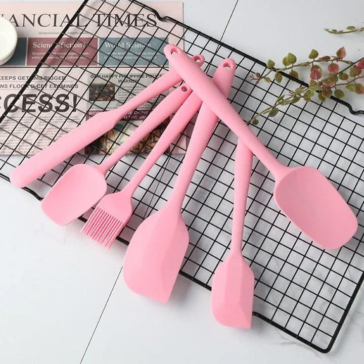 A set of 6 premium quality pink silicone baking tools, including spatulas, whisks, and other essential baking accessories