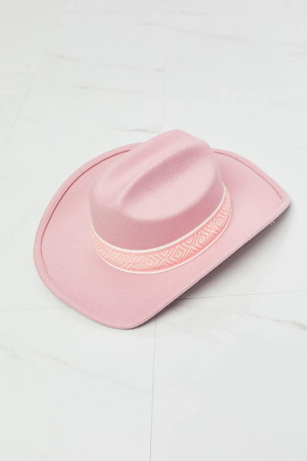 Adorable Felt Cowboy Hat in Blush Pink with Tribal Print Detailing and Adjustable Fit