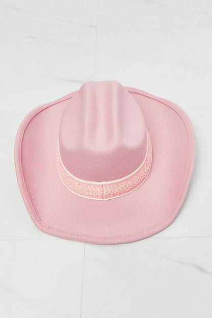 Adorable Felt Cowboy Hat in Blush Pink with Tribal Print Detailing and Adjustable Fit