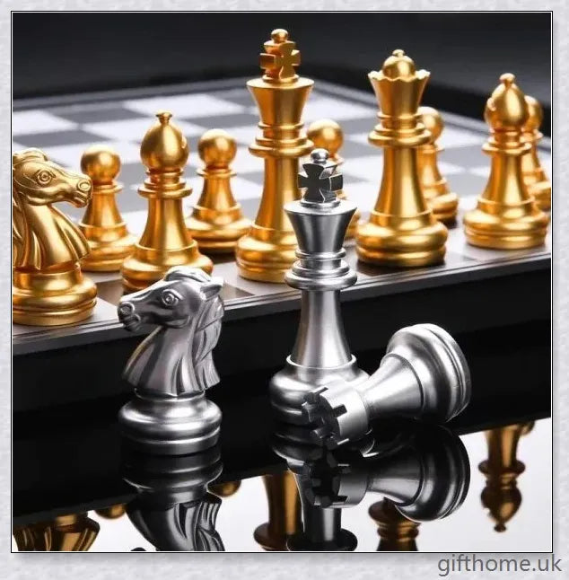 Classic chess set with premium gold and silver chessboard, featuring durable HIPS plastic pieces and convenient storage compartments