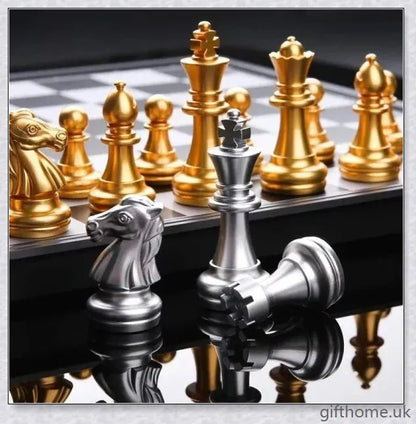 Classic chess set with premium gold and silver chessboard, featuring durable HIPS plastic pieces and convenient storage compartments
