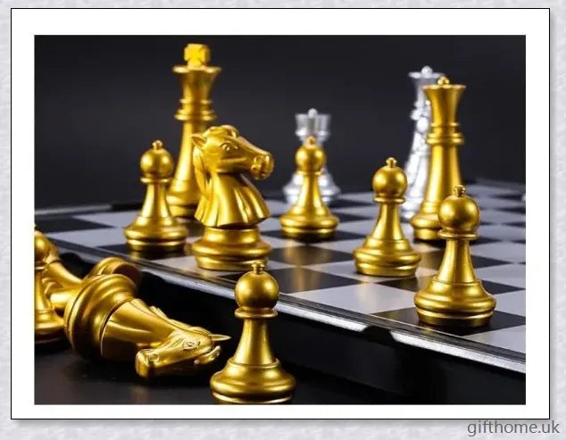 Classic chess set with premium gold and silver chessboard, featuring durable HIPS plastic pieces and convenient storage compartments